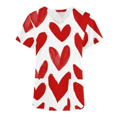 

CYMMPU Women s V-Neck Scrub Tops Clearance Trendy Colored Love Heart Printing Valentine s Day Clothes for 2023 Short Sleeve Shirts for Women Workwear Nurse Uniform Comfy Red XL