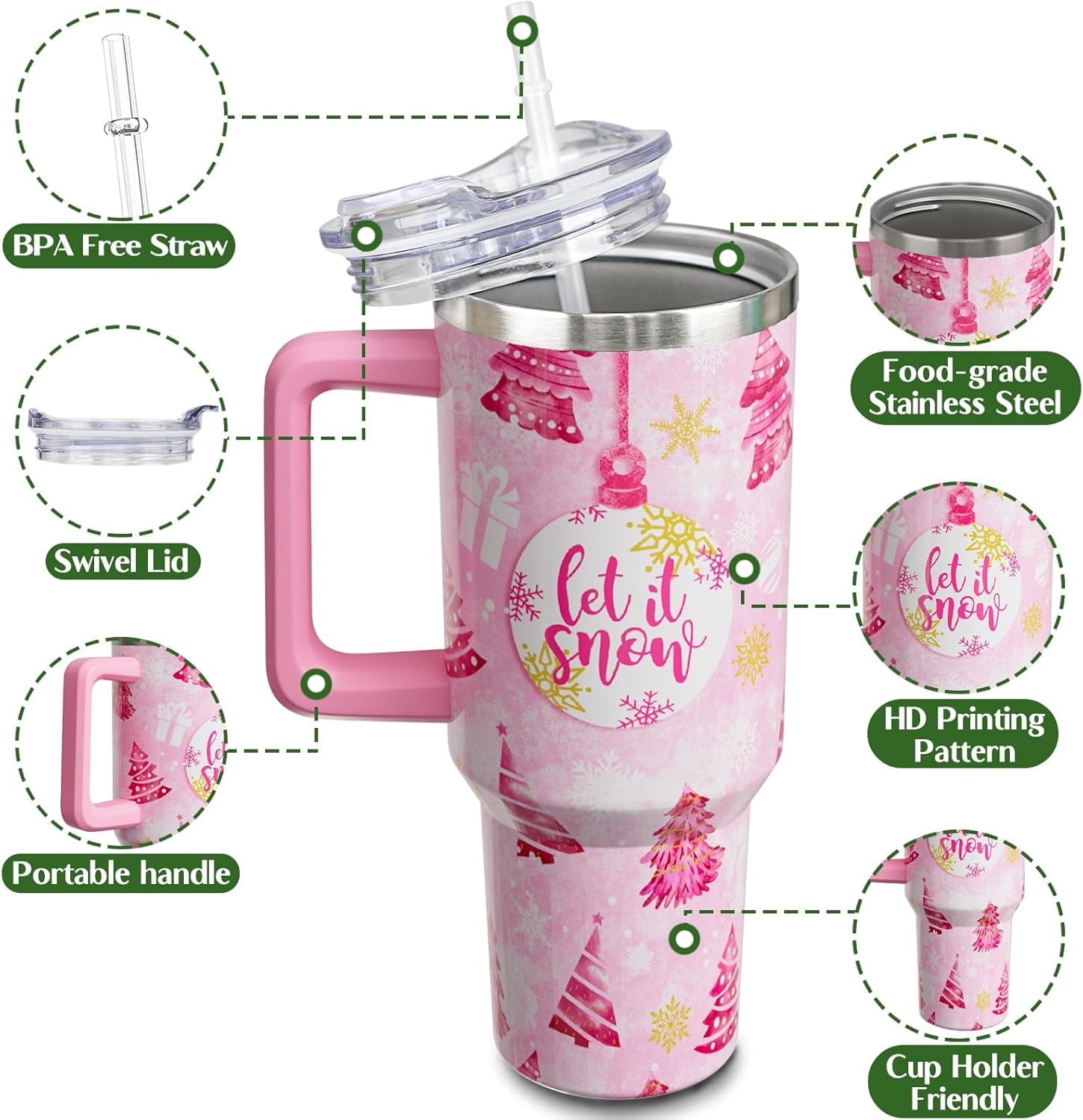 Christmas Tumbler 40 oz Christmas Tumblers with Handle and Straw Pink Christmas Tree Stainless Steel Insulated Coffee Cups Mugs Christmas Gifts Stuff Decor for Women Girls