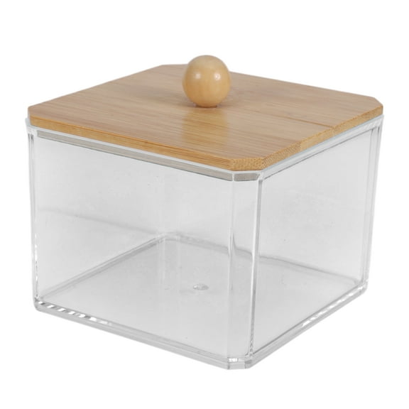 Unique Bargains 1 Pc Square Spherical Bamboo Cover Single Layer Acrylic Cotton Swab Holder Bathroom Transparent Wood-Tone