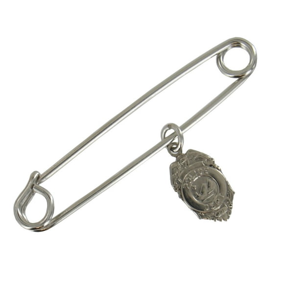 Safety Pin Brooch 2" Silver Tone Police Shield Badge Department Charm Dangle Middle Ladies Adult Female Women
