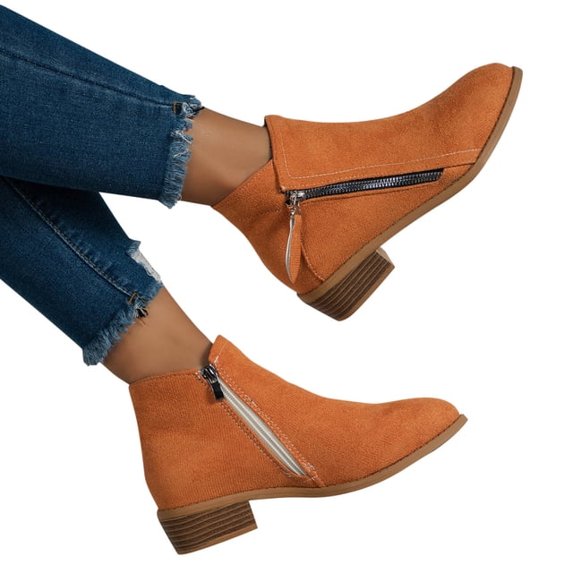 Styesk Bottes pour Femmes Vintage Bottes pour Femmes à Enfiler Bout Pointu Bout Rond Talon Épais Uni Décolleté Bas Fermeture Éclair Latérale Chaussures Courtes Bottes de Travail pour Femmes