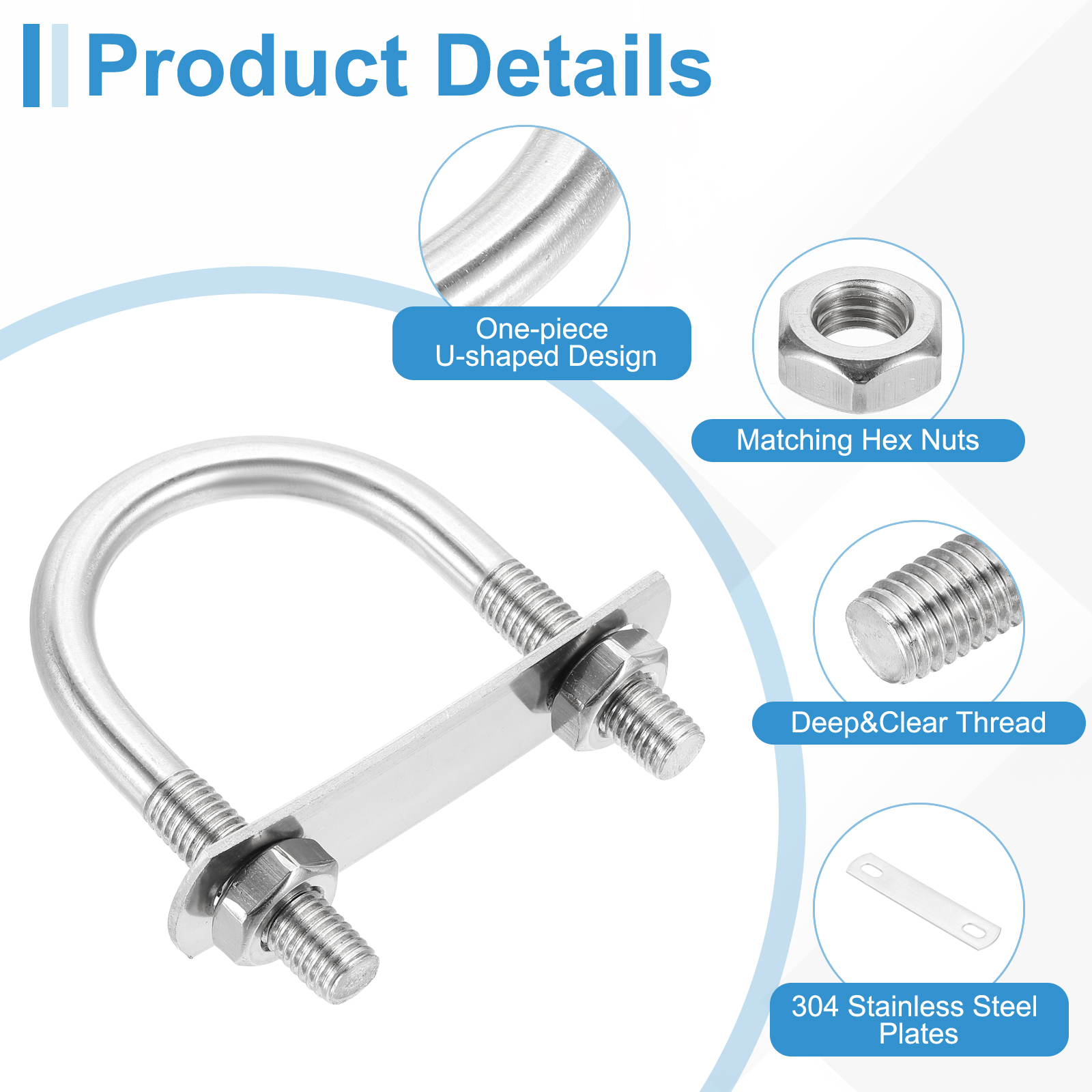 4 Sets M10 Round U-Bolts 50mm Inner Width 82mm Length U-Clamp Bolt