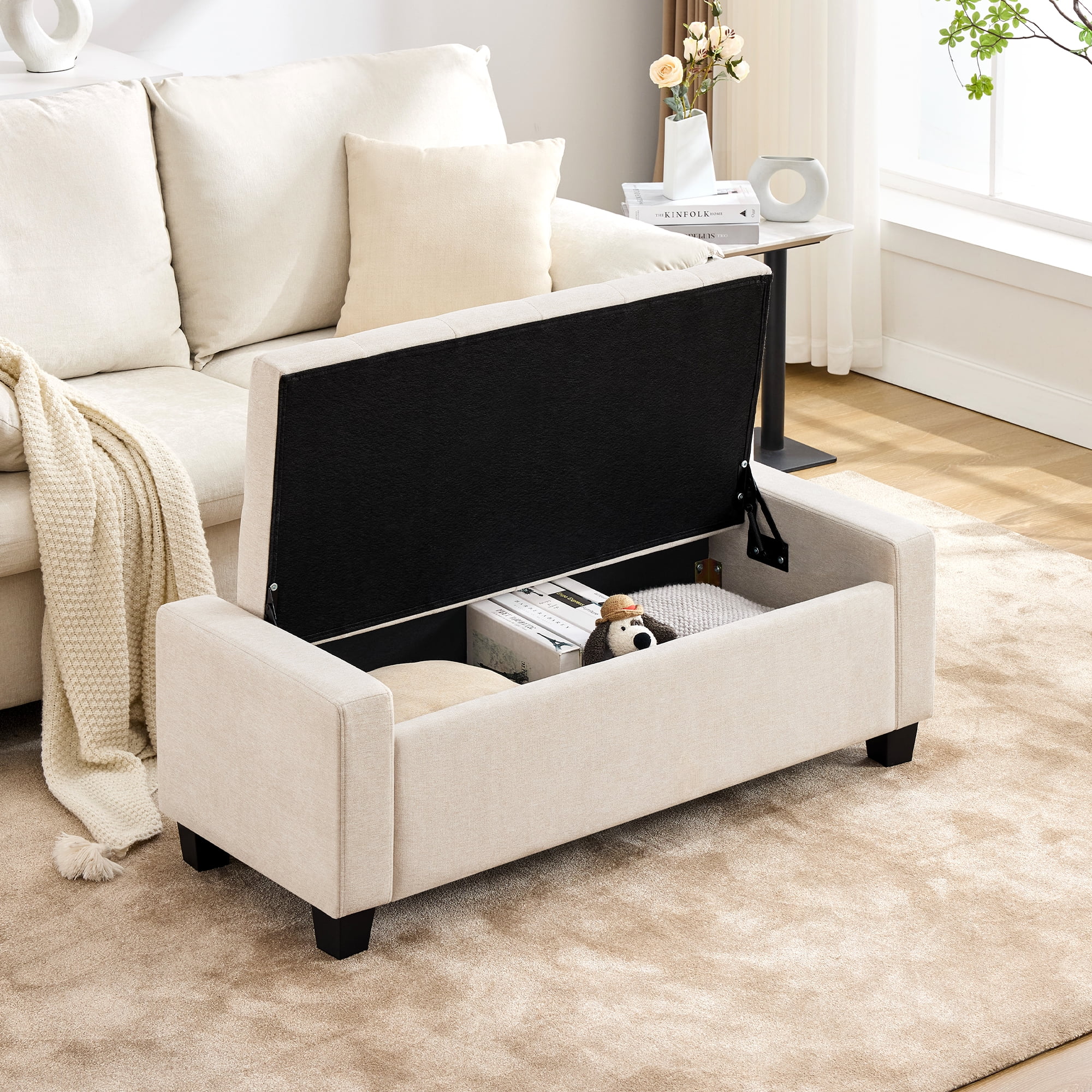 Huatean Home 48" Ottoman Storage Bench Upholstered with Safety Hinge, Beige