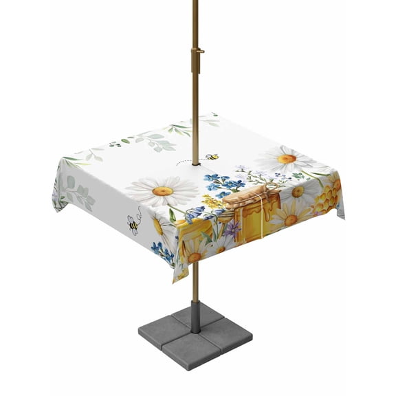 Outdoor Tablecloths with Umbrella Hole & Zipper, Eucalyptus Leaves 54x54 Inch Square Tablecloths, Daisy Flower Spring Watercolor Country Floral Bee Waterproof Table Cloth, Patio/Pool Table Covers
