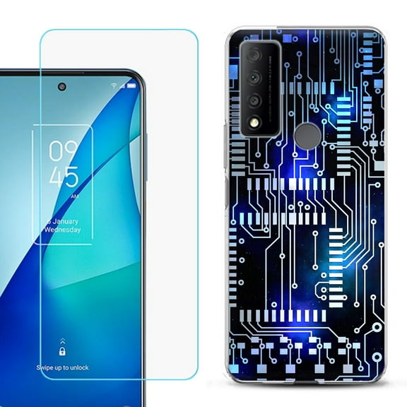 Slim-Fit Gel TPU Phone Case for TCL 4X 5G, with Tempered Glass Screen Protector, by OneToughShield ® - Cosmos Circuit