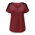 thumbnail image 5 of Gibobby Casual Playera de Manga Corta para Mujer Mujer Casual Color sólido Cuello redondo Manga corta Botón Encaje Camiseta Top(Rojo,XL), 5 of 5
