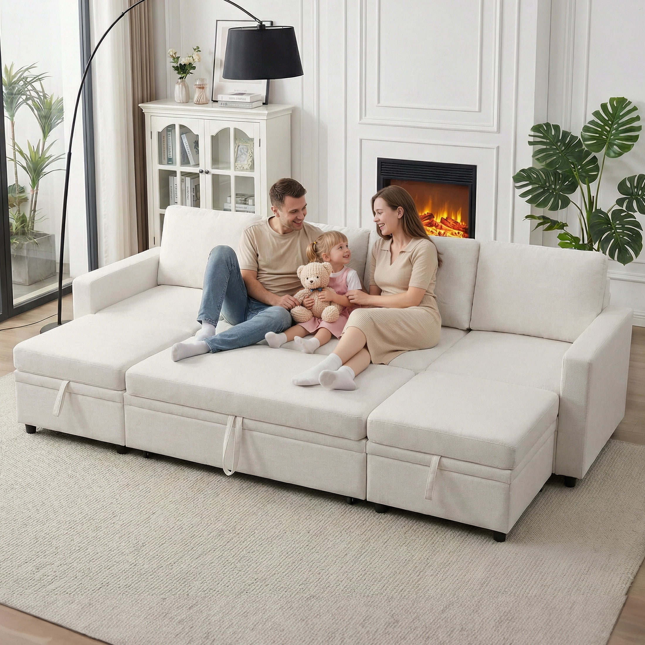 AENKYO 102" U-Shaped Sectional Sofa Bed, Linen Pull Out Sleeper Couch with Storage Seats for Living Room，White