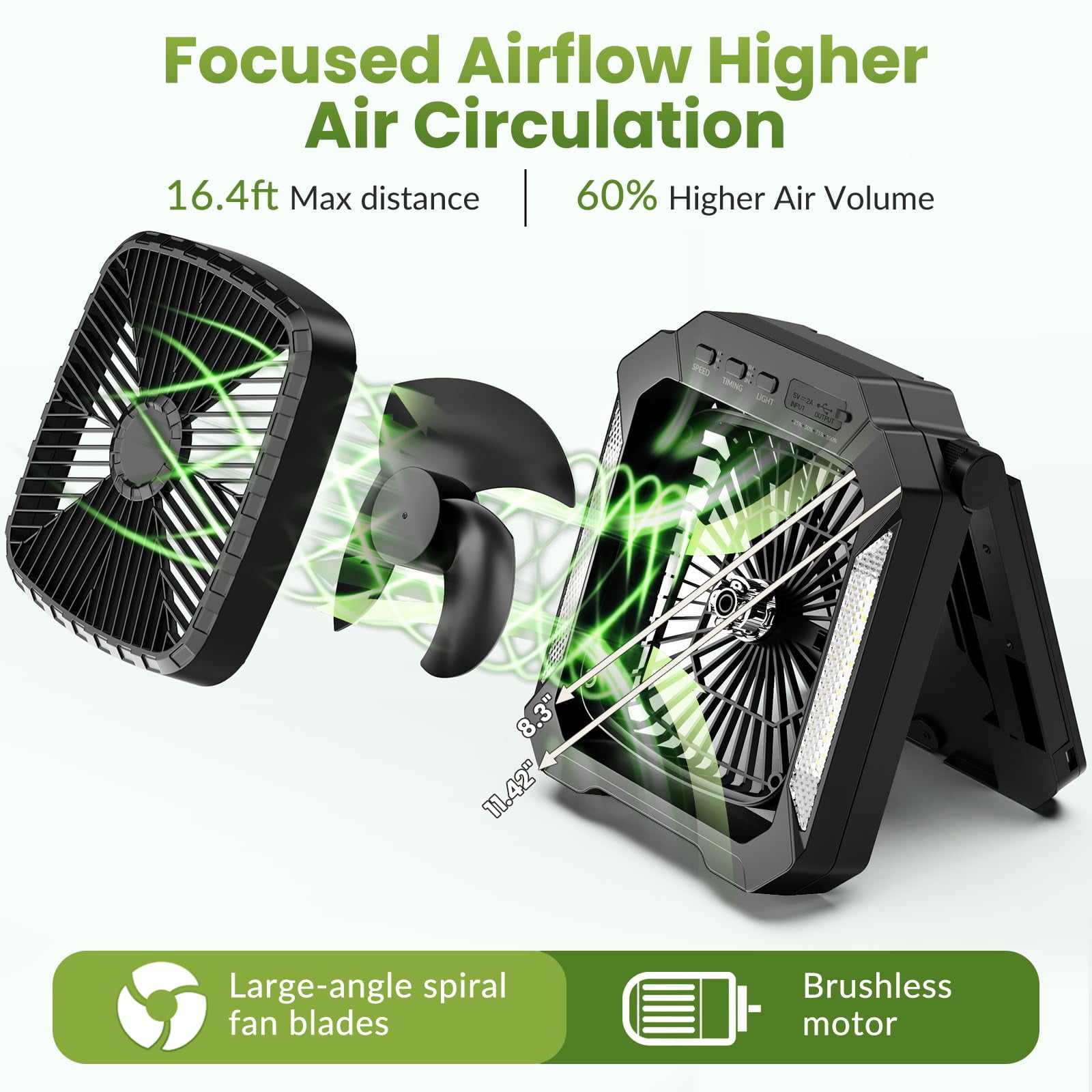 Veubew Camping Fan with LED Lantern, 26800mAh Portable Rechargeable Outdoor Fan with 18W Detachable Solar Panel, Battery Powered Desk Fan for Travel, Hiking, Fishing, Picnic, Black
