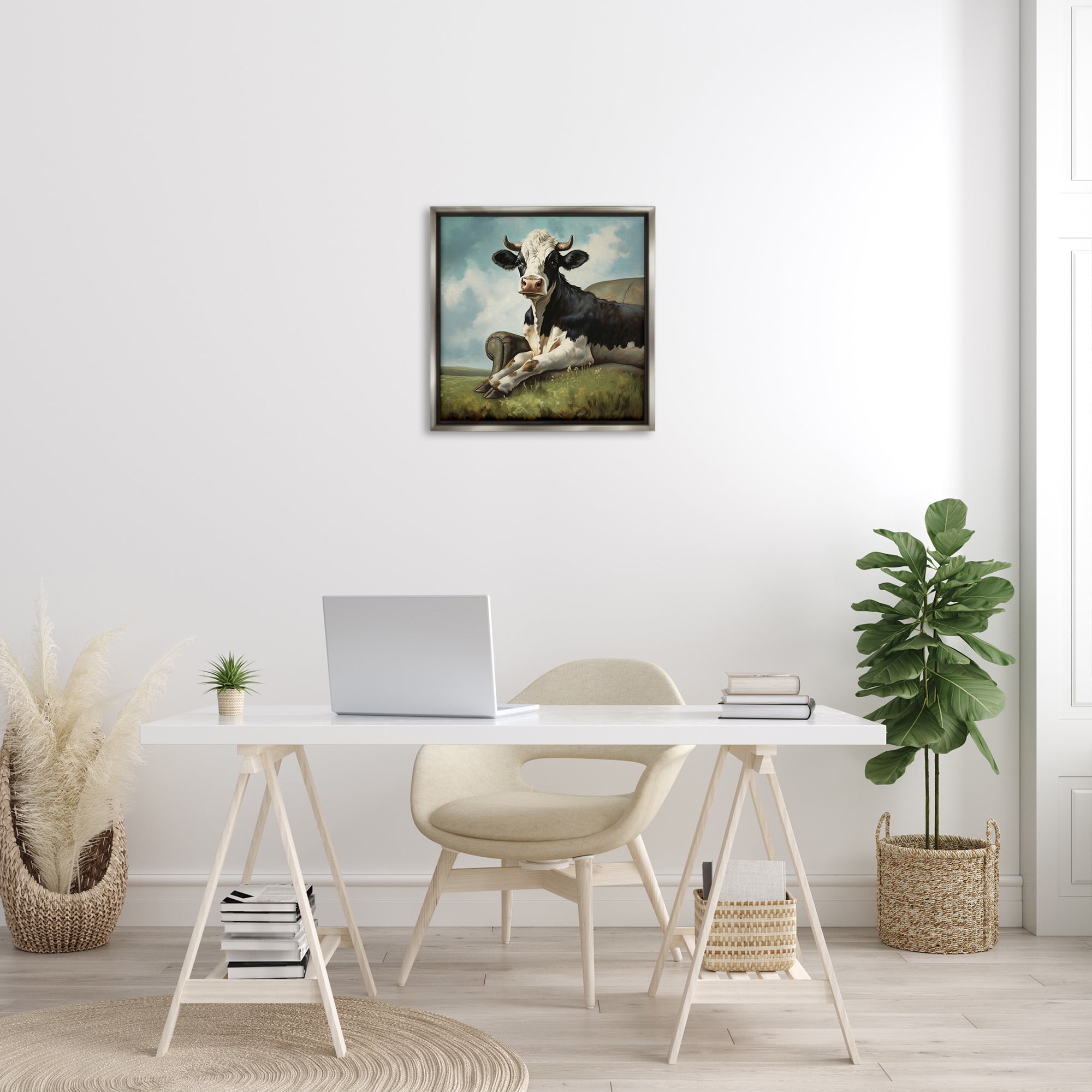 Stupell Industries Cow on Country Couch Animals & Insects Painting Gray Floater Framed Canvas Art Print Wall Art, 25 x 25