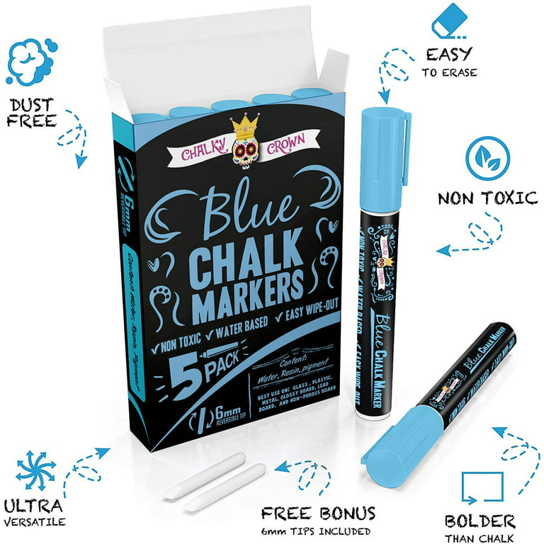 Chalky Crown Liquid Chalk Marker Pen - Dry Erase Marker - Chalk Markers for  Chalkboard Signs, Windows, Blackboard, Glass - 6mm Reversible Tip - 24  Chalkboard Labels Included (Blue, 5 Pack) 