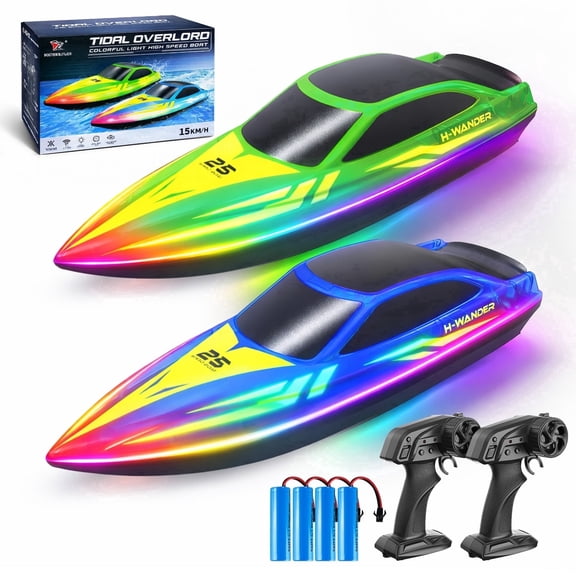 2 Pack RC Boats with 7-Mode Colorful LED Lights, 10" Remote Control Boats, 15KM/H High Speed, 2.4GHz Remote, 3 Speed Modes, 4 Batteries, Pool & Lake Racing Gifts for Kids & Adults