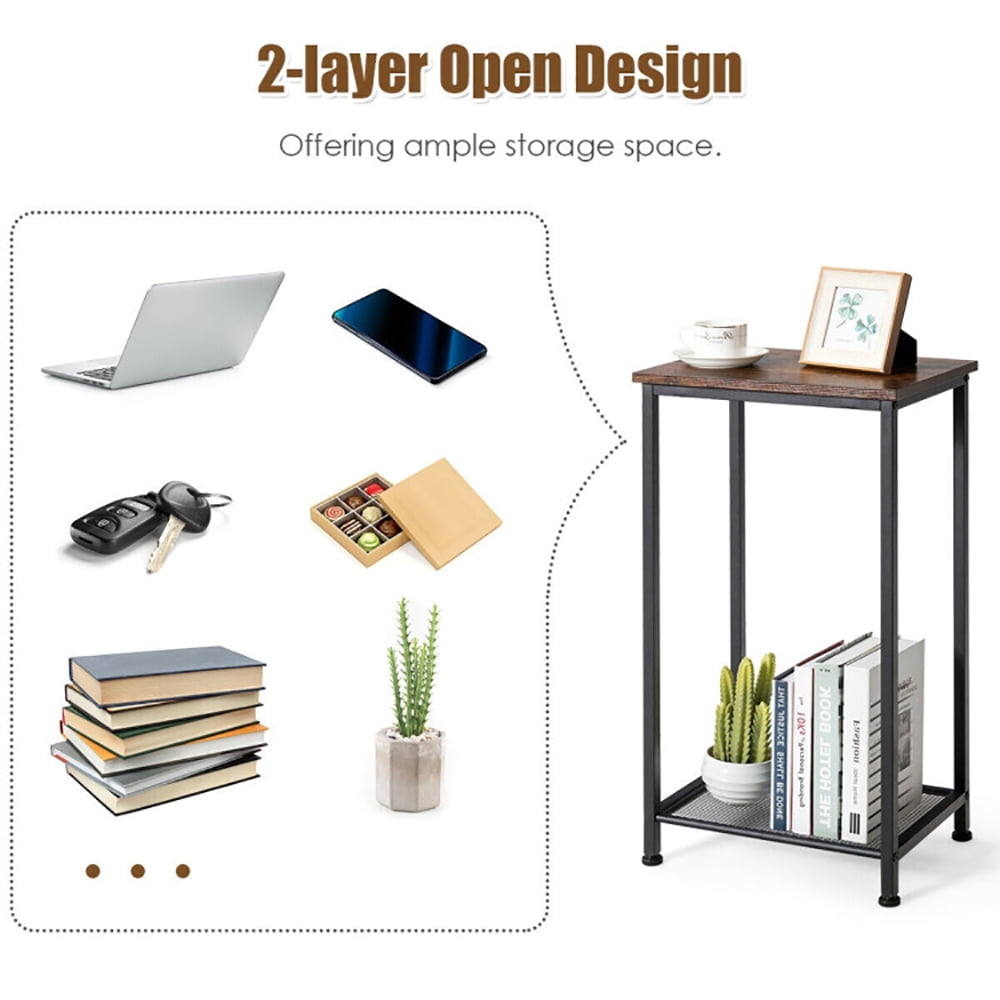 Finihen End Table, 2-Tier Industrial End Table with Metal Mesh Storage Shelves, Sofa Side Table, Bed Side Table, for Living Room, Bedroom, Brown Finihen End Table, 2-Tier Industrial End Table with Metal Mesh Storage Shelves, Sofa Side Table, Bed Side Table, for Living Room, Bedroom, Brown