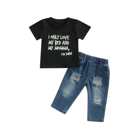

TheFound Summer Causal Little Boys Clothes Letter Print Short Sleeve T Shirts+Blue Denim Ripped Pants Sets