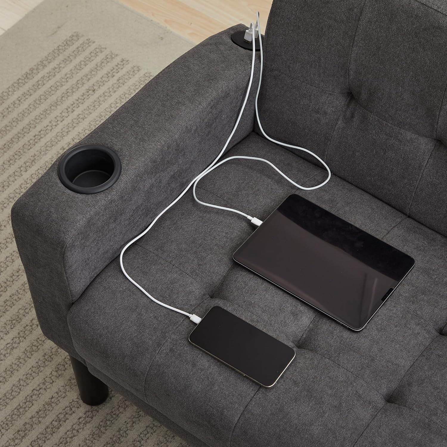 LAZZO 62" Mid-Century Modern Loveseat Sofa, Faux Leather Tufted Compact Couch with USB Ports & Cupholders, Dark Gray