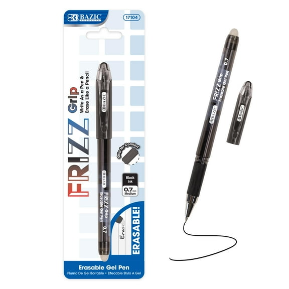 BAZIC Frizz Erasable Gel Pens, 0.7mm Medium Point, Black Ink, Comfort Grip, 1-Pack