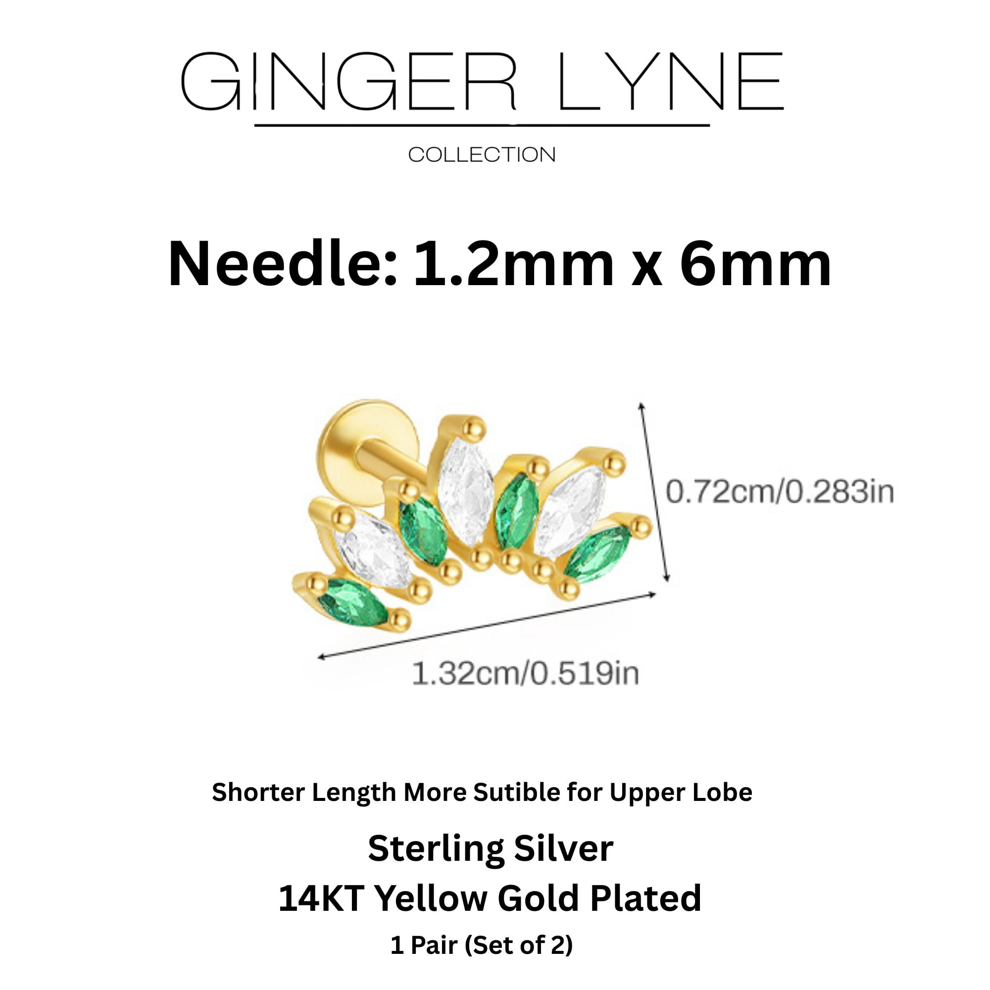 Green Marquise CZ Flat Back Earrings for Cartilage Upper Lobe Gold Plated Sterling Silver 1 pair by Ginger Lyne