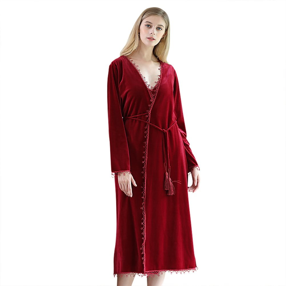 Nightgowns Women Autumn Velvet Homewear Style Comfort Long Sleeve Warm Sleepwear Red L - Walmart.com