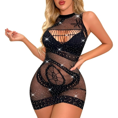 

Womens Lingerie Teasing Hot Drill Bright Drill Black Fishnet Pajamas