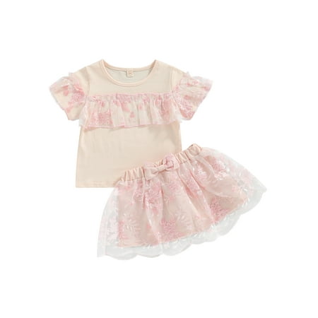 

Sunisery 2Pcs Little Toddler Girls Outfit Mesh Splicing Flower Embroidery Round Collar Short Sleeve Tops + Half Skirt Pink 3-4 Years