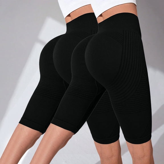 SAHFX 2Pack 3D Compression Leggings Shorts for Women Workout Shorts 3D Textured Yoga Shorts Knee Length Biker Shorts High Waisted Butt Liftings Slim Leggings Tummy Shaping Pants Lift & Smooth Shorts