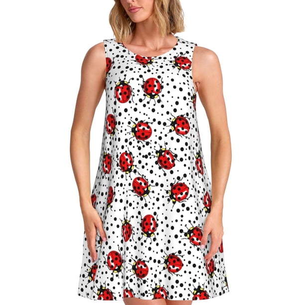 Easygdp Red Ladybugs On Black Dotted para Vestido Transpirable de Mujer, Vestido Suelto de Manga Corta con Pliegues y Bolsillos para el Verano