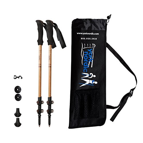 York Nordic Bamboo & Carbon Fiber Walking Poles - 2 Pack - 6.8 oz  Ultralight & Collapsible Hiking Poles - Flip-Lock, Comfort Grips, Tungsten  Tips