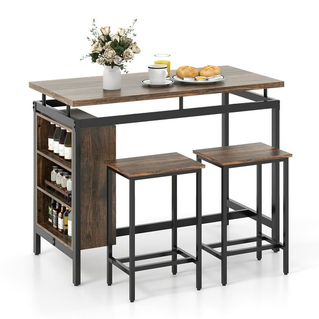 Gymax 3-Piece Dining Table Set Bistro Table & 2 Bar Stools w/ 3-Tier Storage Shelf