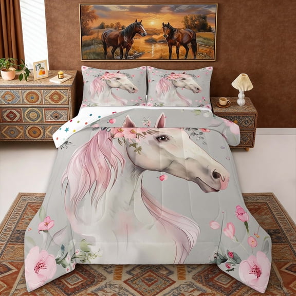 Erosebridal Chic White Horse Queen Comforter Set for Kids Girls, Pink Floral Flower Bedding Comforter Set