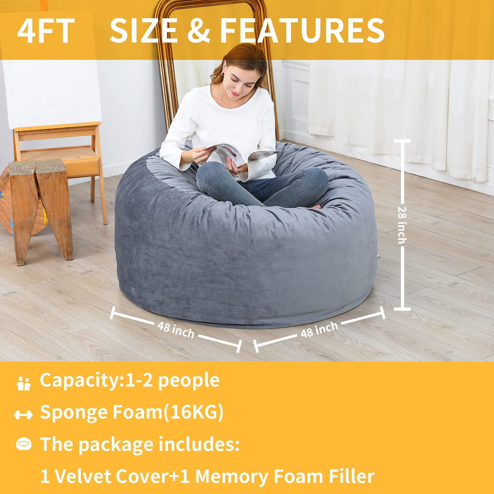 4 Foot Bean Bag Chair, Memory Foam Big Bean Bag  with Filling for Adults Teens and Kids, Big Soft Sofa with Fluffy Removable Microfiber Cover for Living Room, Bedroom