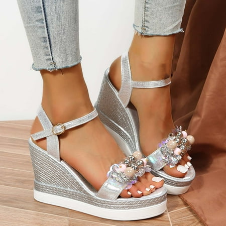 

Aueoeo Flat Sandals for Women Women s Casual Open Toe Sandals Shoes Rhinestone Comfortable Platform Sandals Ankle Strap Wedge Sandals