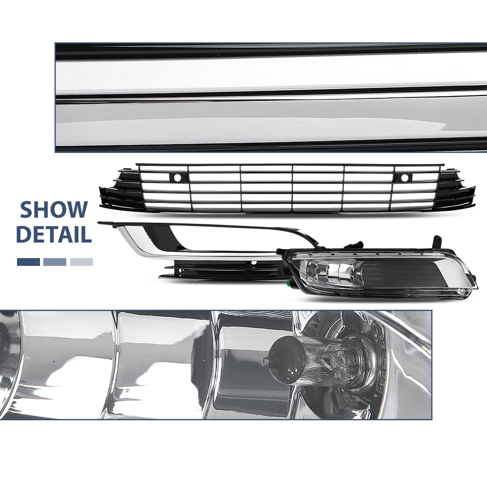 Front Bumper Grille Fog Lights Assembly Set Pair Fit For 2013-2017 Volkswagen CC