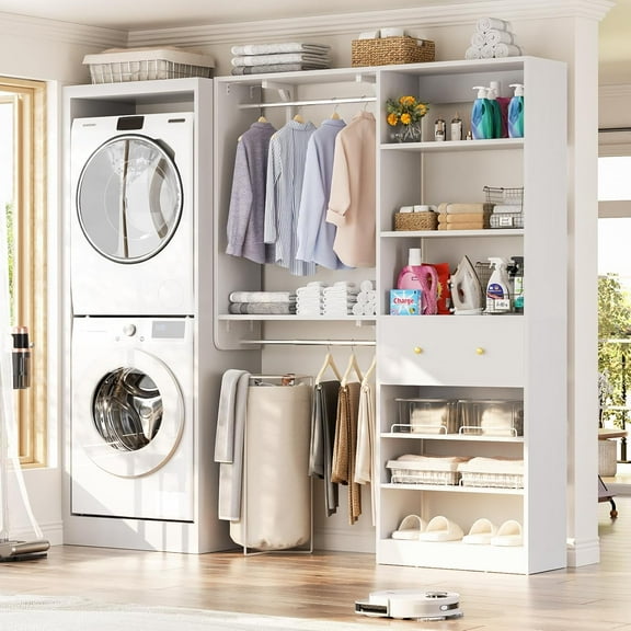 Homieasy Closet System with Drawer - Reversible 5FT Wood Closet Organizer System with 2 Hanging Rods and Adjustable Shelf, Walk In Closet Organizers with Shoe Rack, Built-In Garment Rack, White