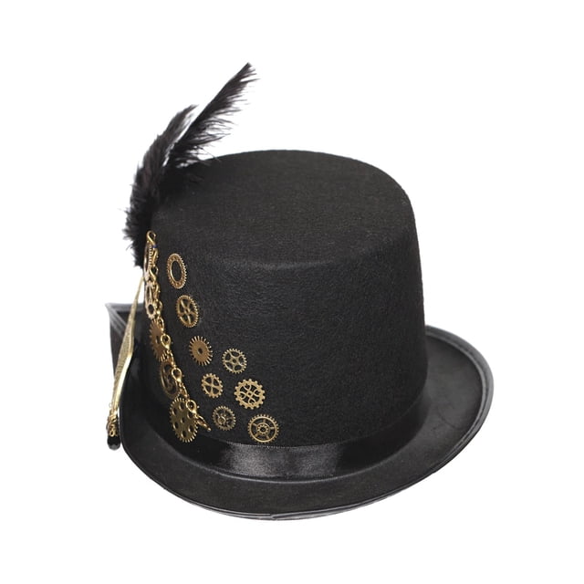 Retro Steampunk ala, Gears Black Top Hat Head Wear Fiesta de disfraces de disfraces para hombres Mujeres Accesorio, Black Elegant Cosplay Cost Hugo sombreros
