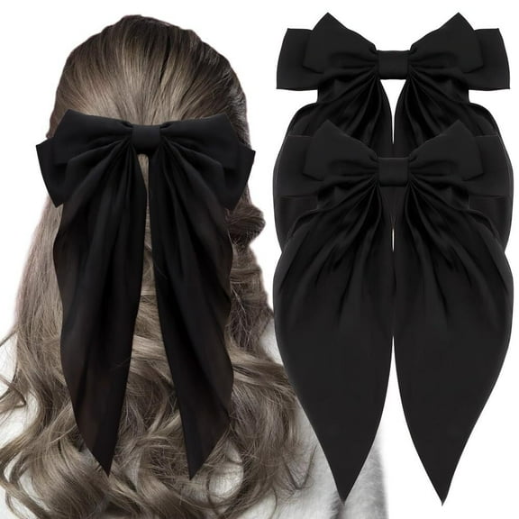 Wattne Black Hair Bows for Women 2Pcs Hair Bow Clips Silky Hair Ribbon Oversized Long Tail Large Big Hair Bows Hair Barrettes Metal Clips