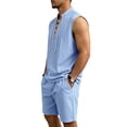thumbnail image 5 of QSAWXQZ Men's Linen 2PC Lounge Set Stand Collar V Neck Sleeveless Loose Top Elastic Waist Shorts with Pocket Beach Outfit Casual for Summer S, 5 of 9