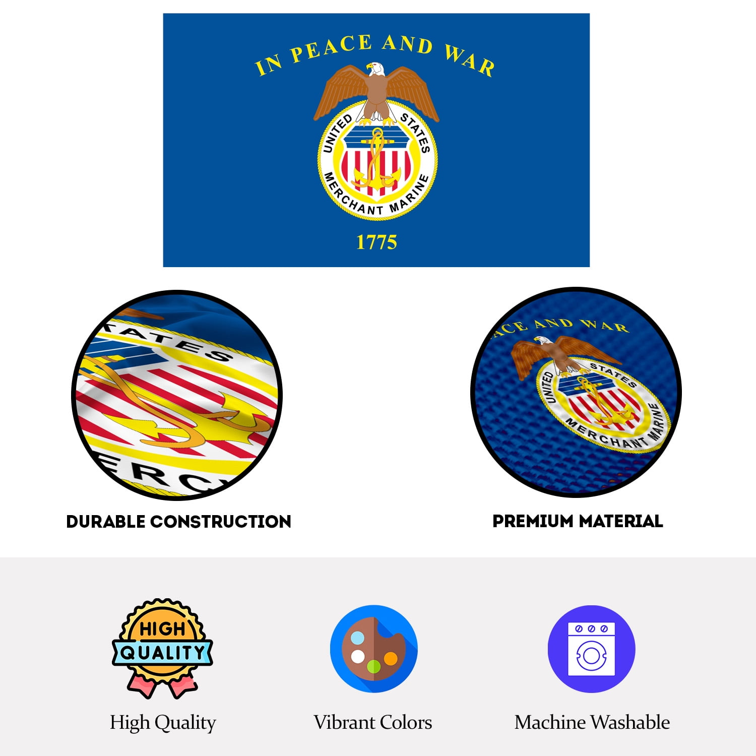 AGAS Large United States Merchant Marines Flag 4x6 Ft - Printed 200D Nylon Canvas Header Two Brass Grommets Big USA Merchant Marines Flag