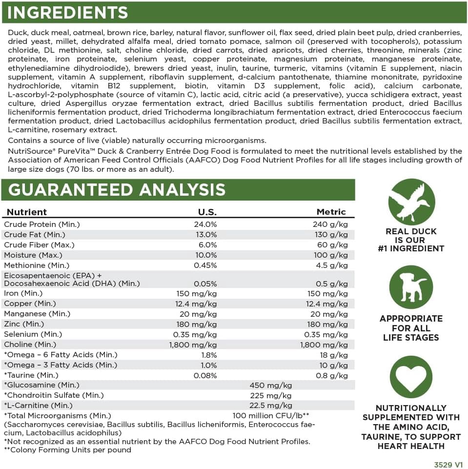 NutriSource Pure Vita Duck & Cranberry Dog Food, 25LB