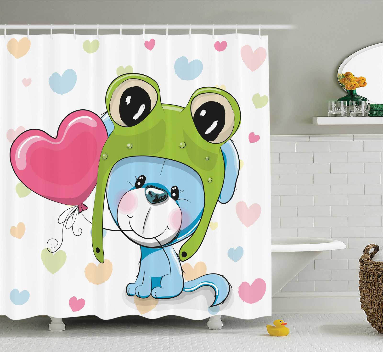 Cartoon Decor Shower Curtain Set, Cartoon Puppy In A Frog Hat With