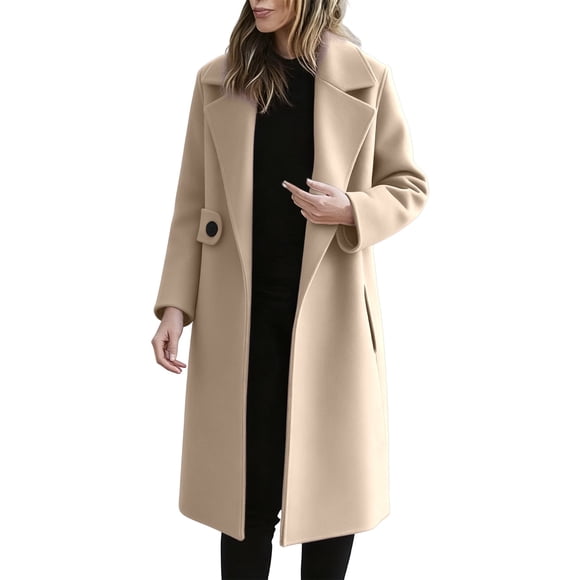 Blend Overcoat Long Breasted Trench Coat Winter Warm Fashion Outerwear For Ladies Women'S Wool & Blends Khaki M