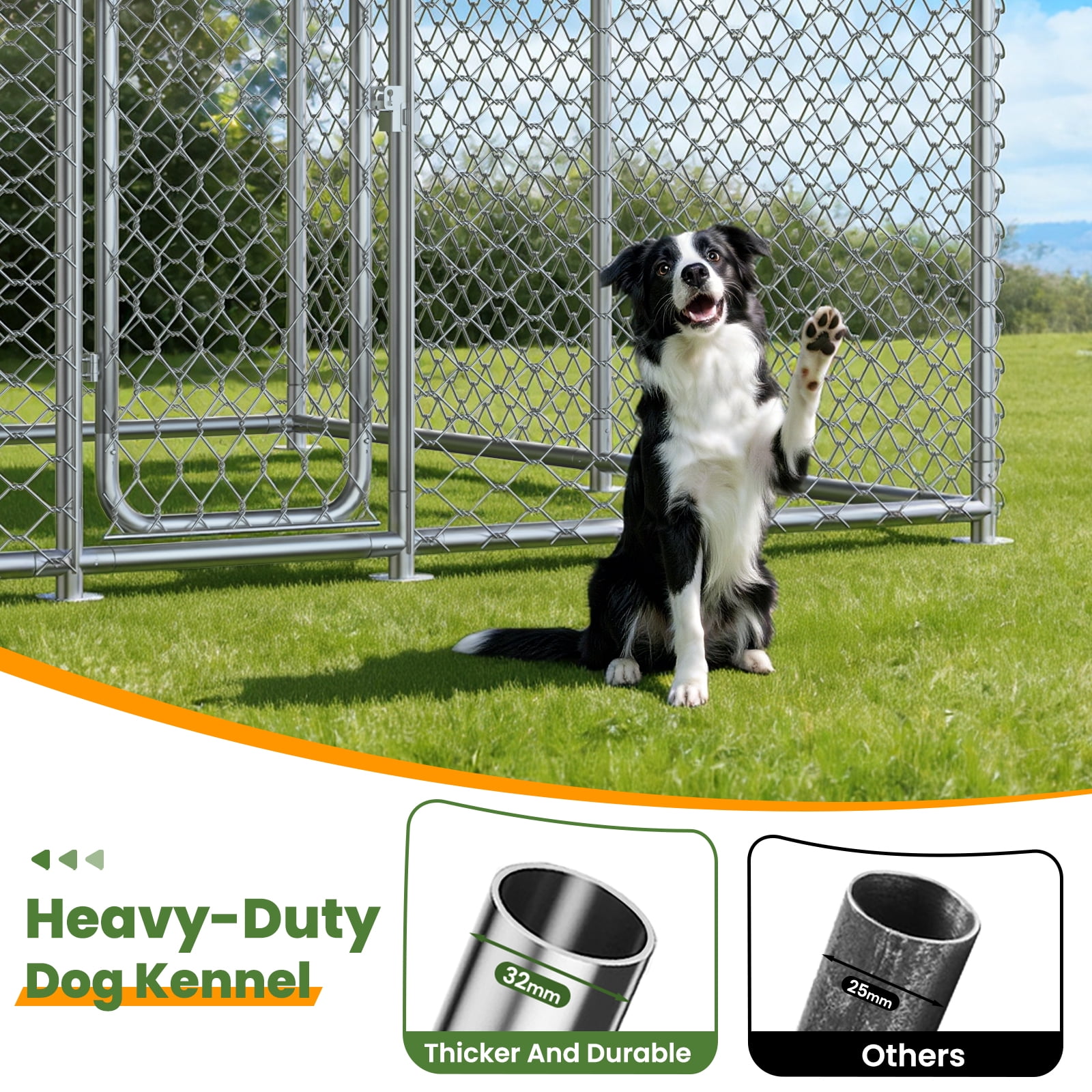 Ironovahome 7.8'x7.8' Outdoor Dog Kennel, Heavy Duty Galvanized Steel Metal Dog Pet Enclosure, with Water & UV-Resistant Proof Cover and Security Lock
