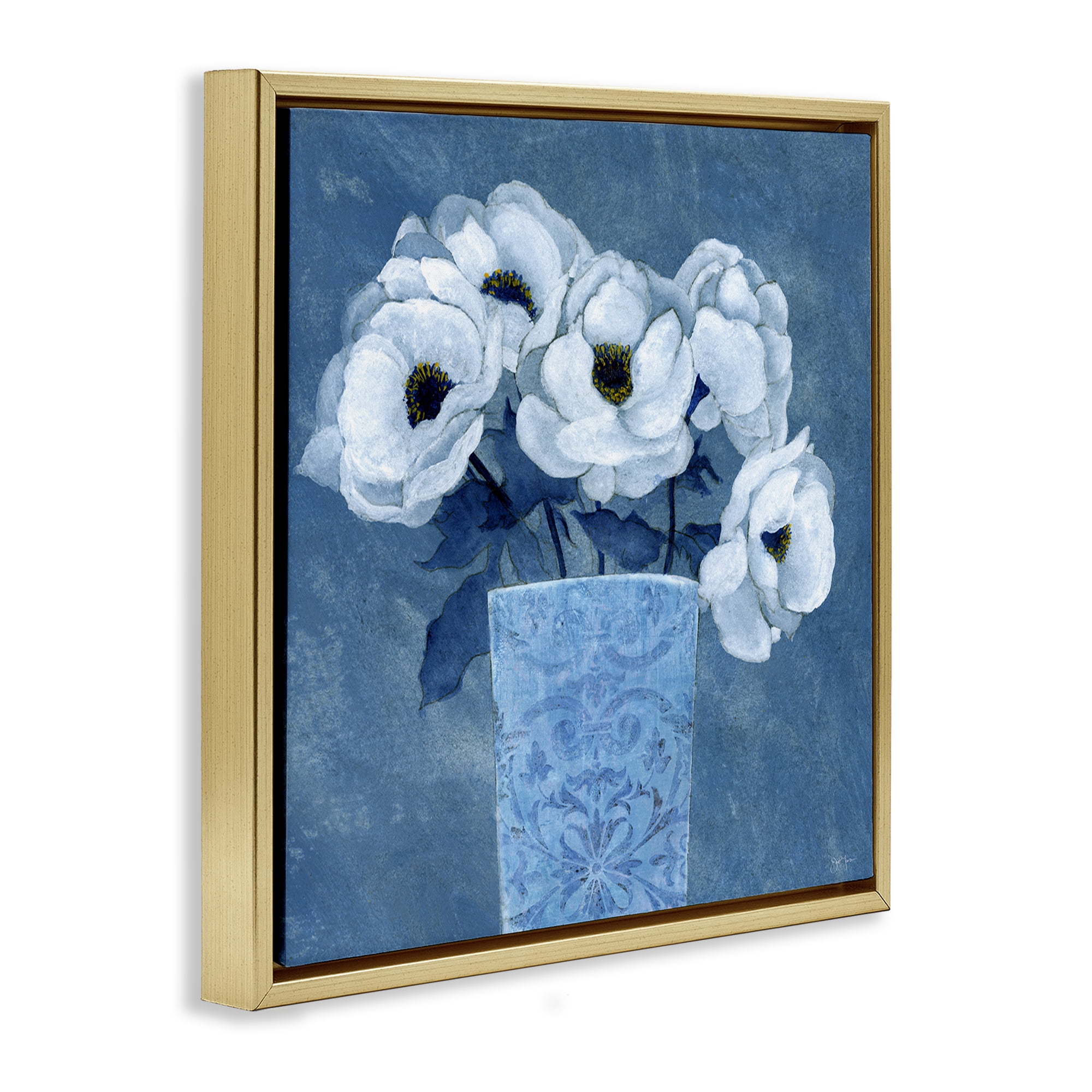 Stupell Industries Ornate Vase Flowers Plants & Flowers Painting Gold Floater Framed Canvas Art Print Wall Art, 18 x 18