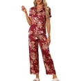 thumbnail image 2 of Conjunto de pijama de satén para mujer INSPIRE CHIC, top de seda con mangas cortas y pantalones, 2 piezas, talla XL, color rojo vino, 2 of 6