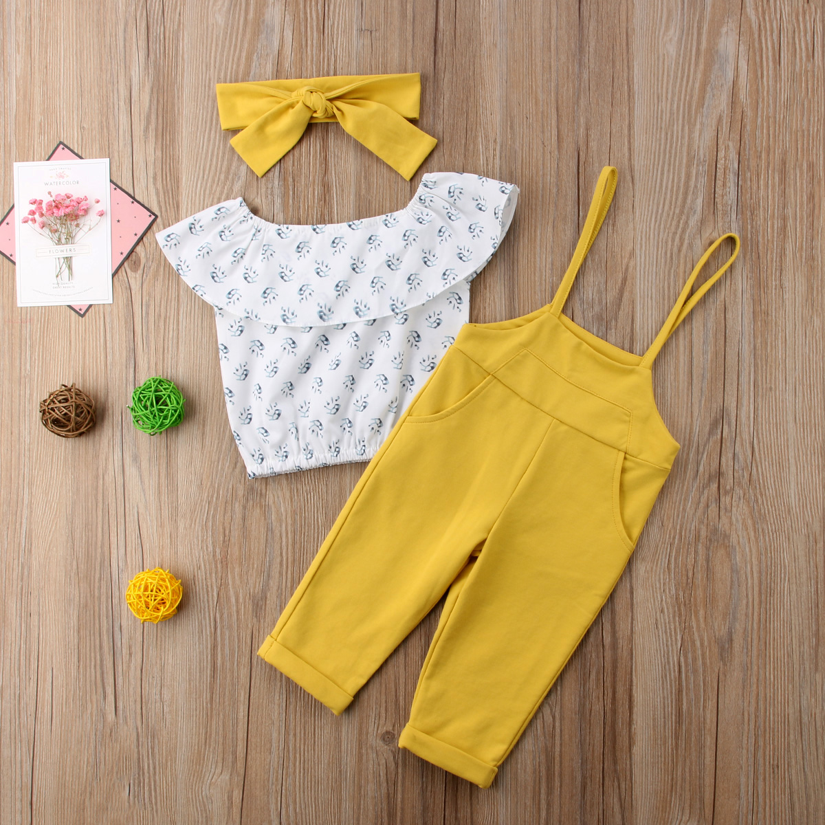 Toddler Baby Girl Kids Off Shoulder Tops+Long Pants Summer Clothes Outfit  3PCS Set Yellow 3-4 Years 