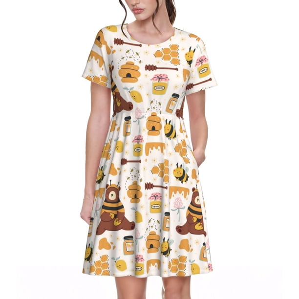 Balery Cute Bee Honey Jar Hive Bear Vestidos sueltos de manga corta para mujer, vestidos de verano 2025, vestidos casuales de corte A con vuelo.