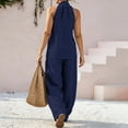 thumbnail image 6 of Summer Two Piece Sets for Women Sleeveless Halter Neck Tank Top Wide Leg Pants Matching Set Casual Linen Lounge Outfits with Pockets, 6 of 9