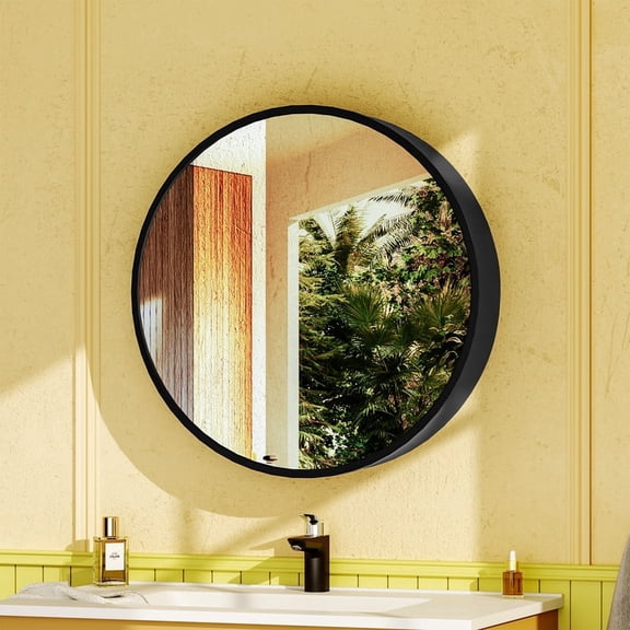 SUNRINX Round Bathroom Medicine Cabinet Mirror 24 in. W x 24 in. H, Black Metal Framed Wall-Mounted Mirror Cabinet with Storage, Bathroom Wall Cabinet