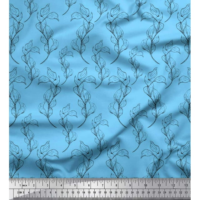 Soimoi Blue Velvet Fabric Pear Leaves Printed Fabric 1 Yard 60 Inch Wide