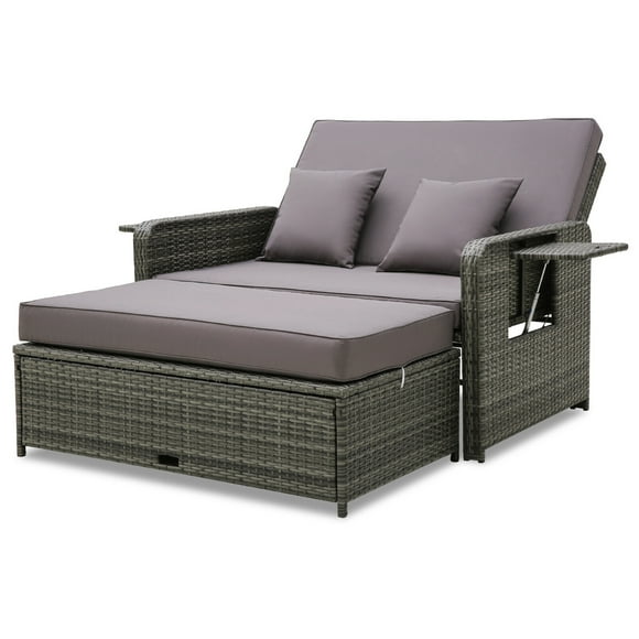 Gymax Patio Daybed Set Rattan Loveseat Sofa Set w/ Adjustable Backrest Gray Cushions