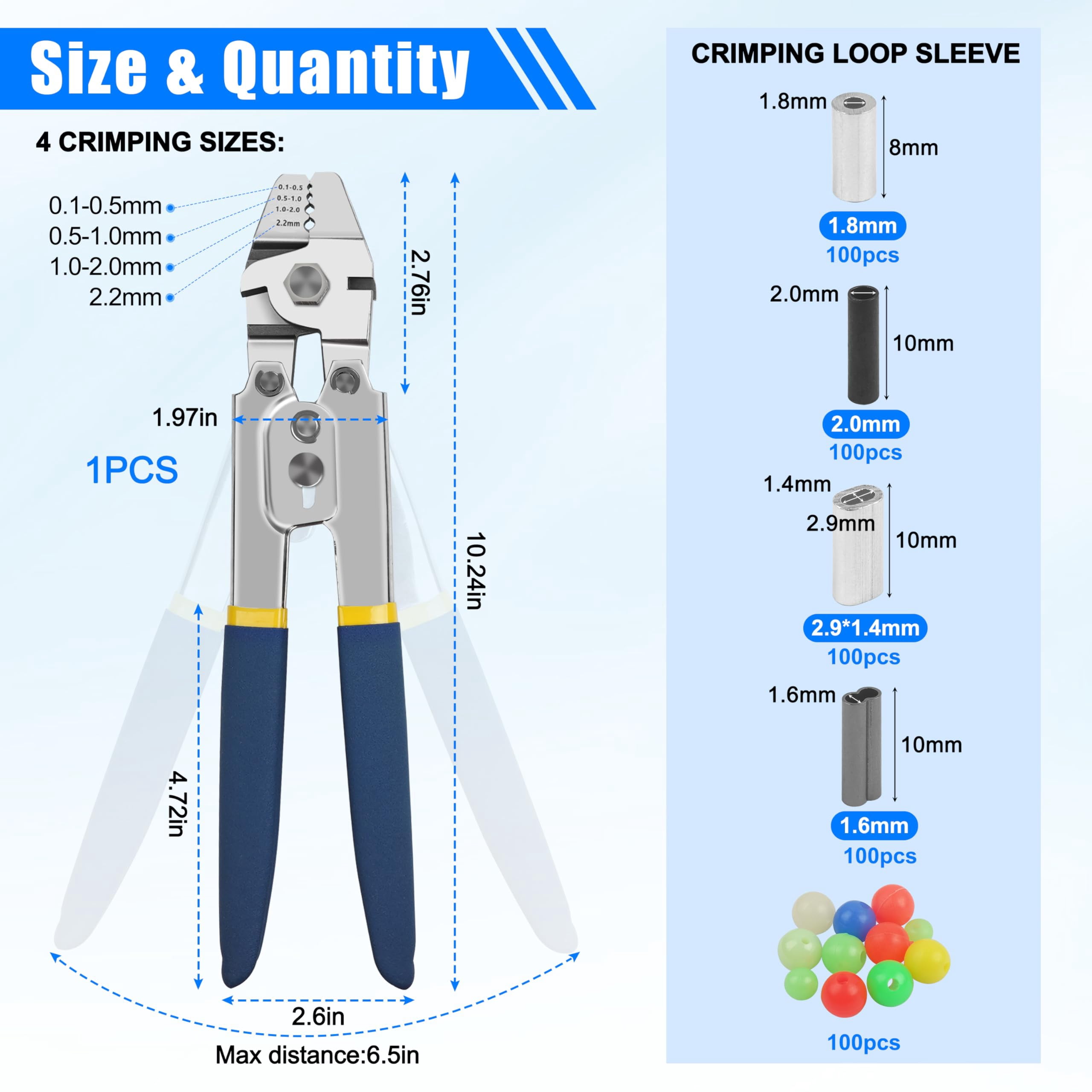 Wire Rope Crimping Tool with Cutter + 500pcs Crimp Sleeves Set Effort-Saving Fishing Crimping Pliers Stainless Steel Fishing Wire Crimper Tool, 4 Size Crimp Sleeves Fishing Tackle Pliers