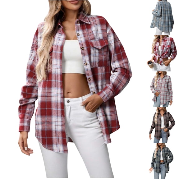 Tawop Womens Flannel Shirts Oversized Plaid Shacket Jacket Button up Shirts for Women Long Sleeve Boyfriend Shirt with Pockets